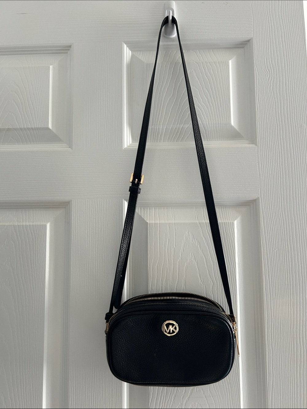 Michael Kors Black Pebbled Leather Mini Crossbody with Gold Logo